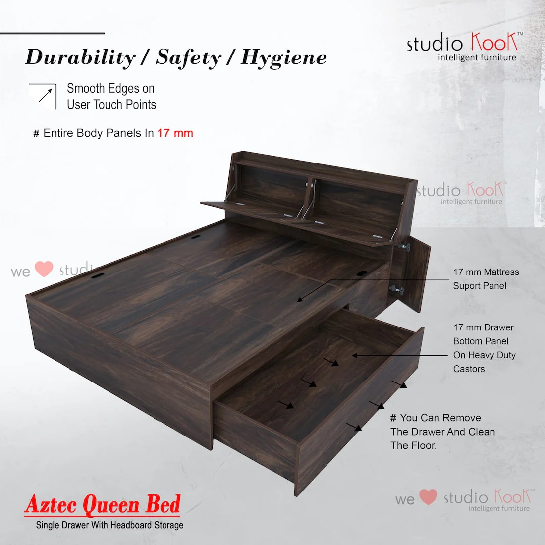 Aztec Right Queen Bed with Headboard Storage and 1 Drawer on Right - Image 3