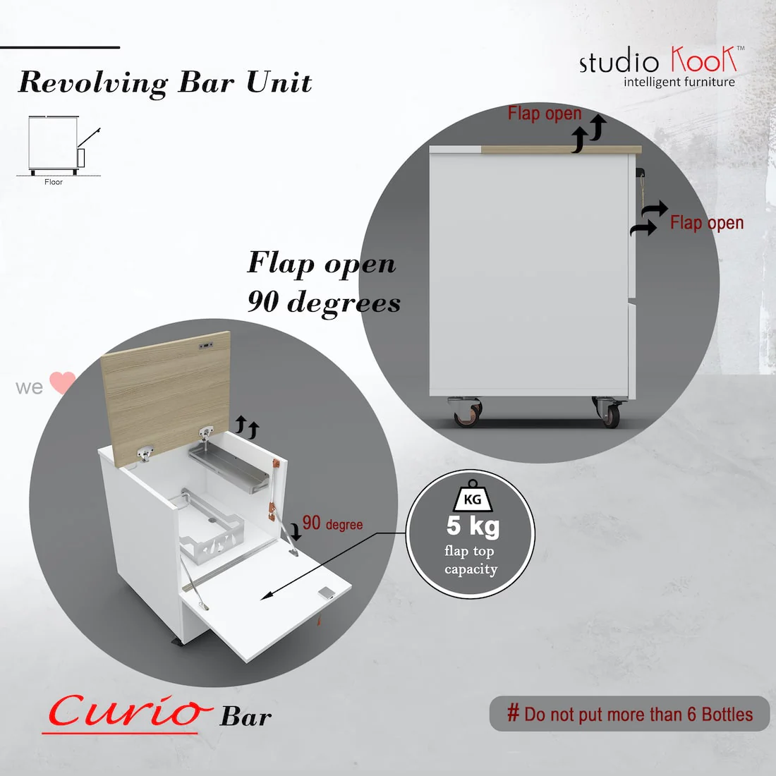 Curio Mini Bar Cabinet on Wheels (Moonshine White, Matte Finish) - Image 4