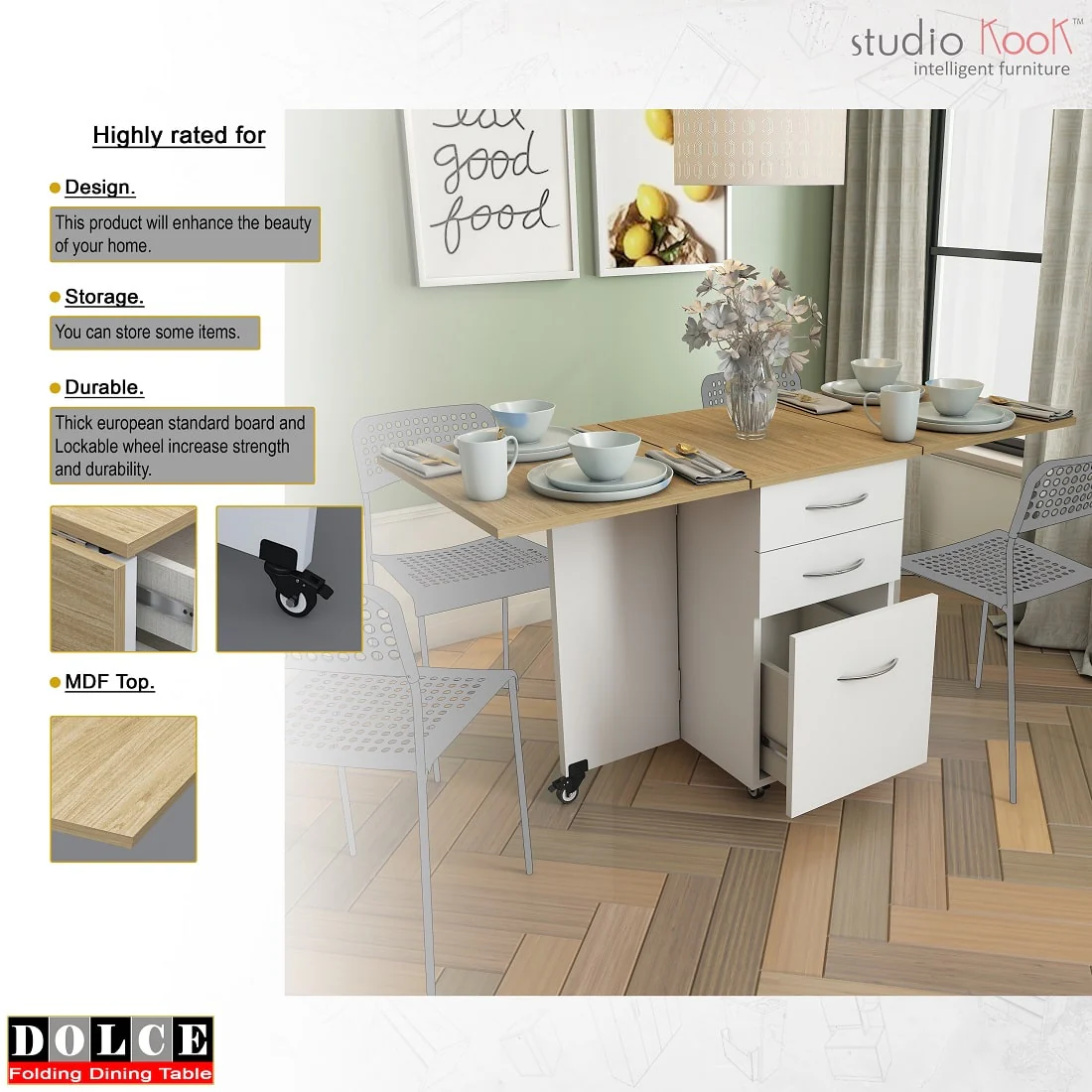Dolce 4 Seater Folding Dining Table (Moonshine White Matte Finish, Without Chairs) - Image 3