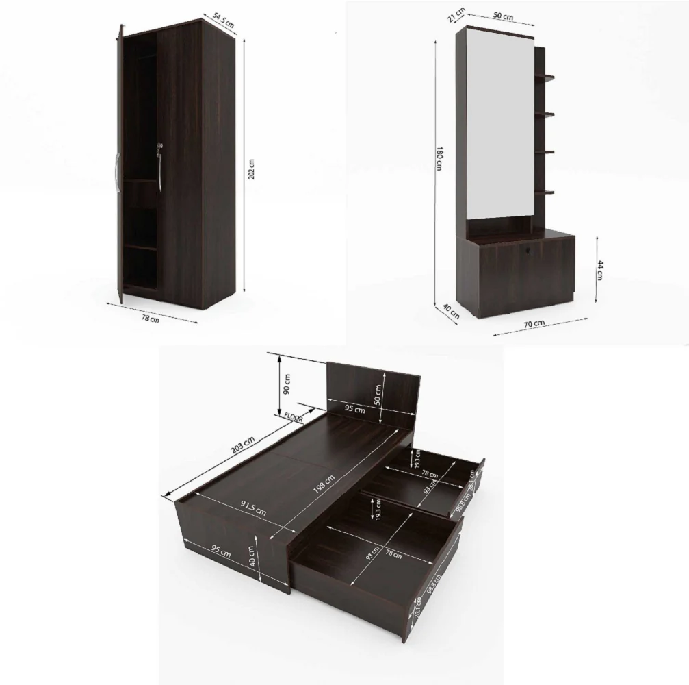 Finisa 15: Set of 3 Bedroom Furniture - 2 door Wardrobe, Single Bed with Headboard, Dresser - Image 3