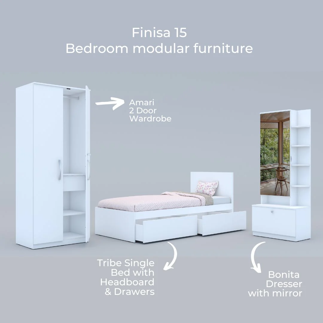 Finisa 15: Set of 3 Bedroom Furniture - 2 door Wardrobe, Single Bed with Headboard, Dresser - Image 5