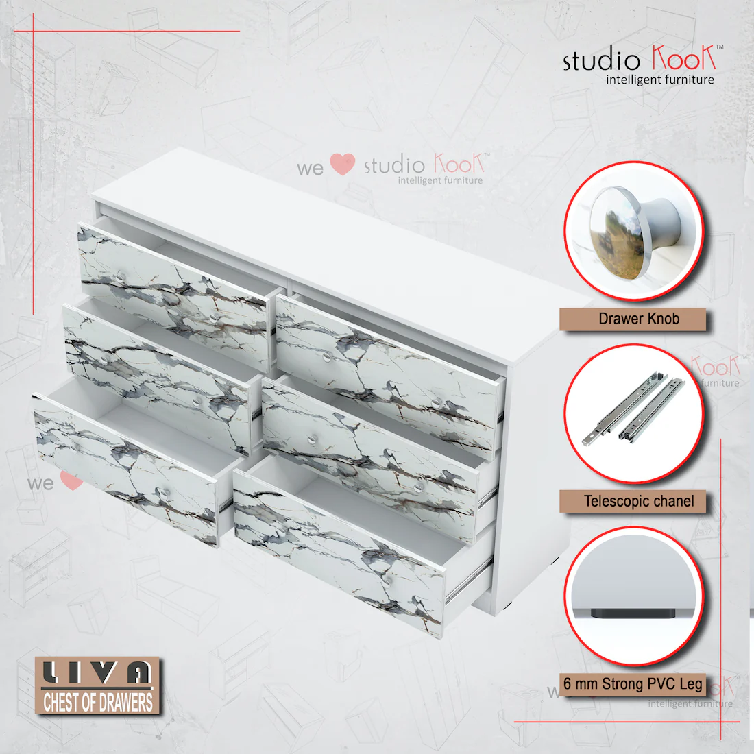 Liva Chest of Drawers (Marble finish Laminate & Moonshine White) - Image 3