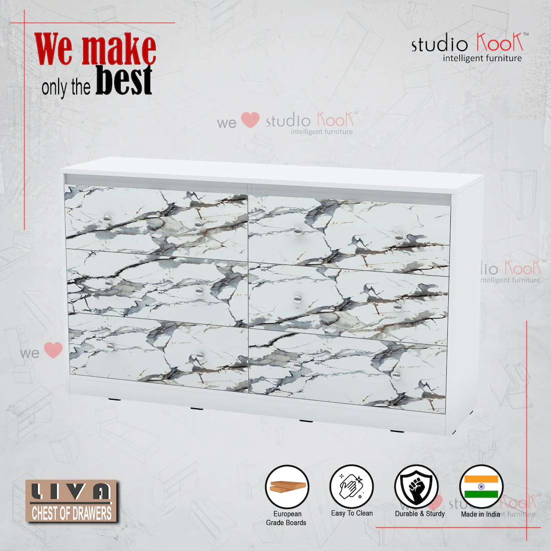 Liva Chest of Drawers (Marble finish Laminate & Moonshine White) - Image 5
