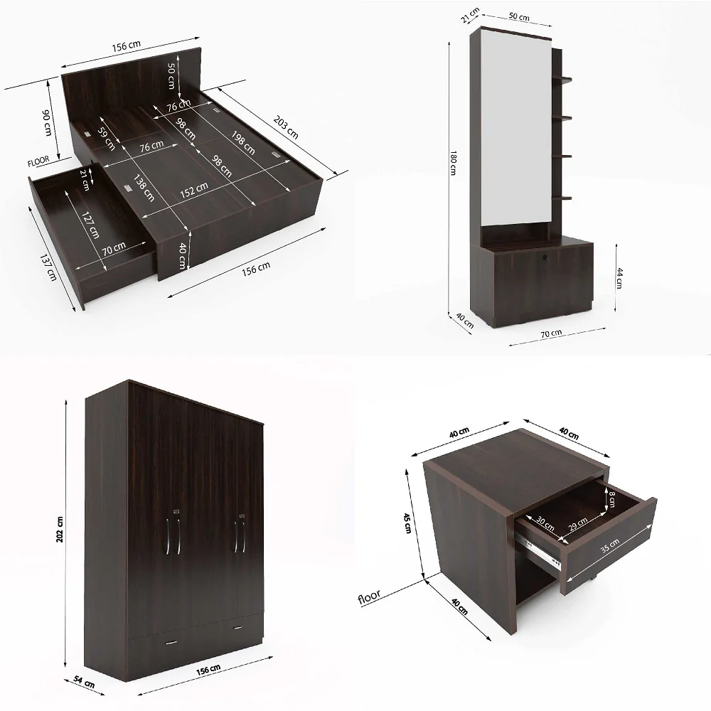Modena 07: Set of 5 Bedroom Furniture - 4 door Wardrobe, Queen Bed Left, Dresser and Side Tables - Image 3