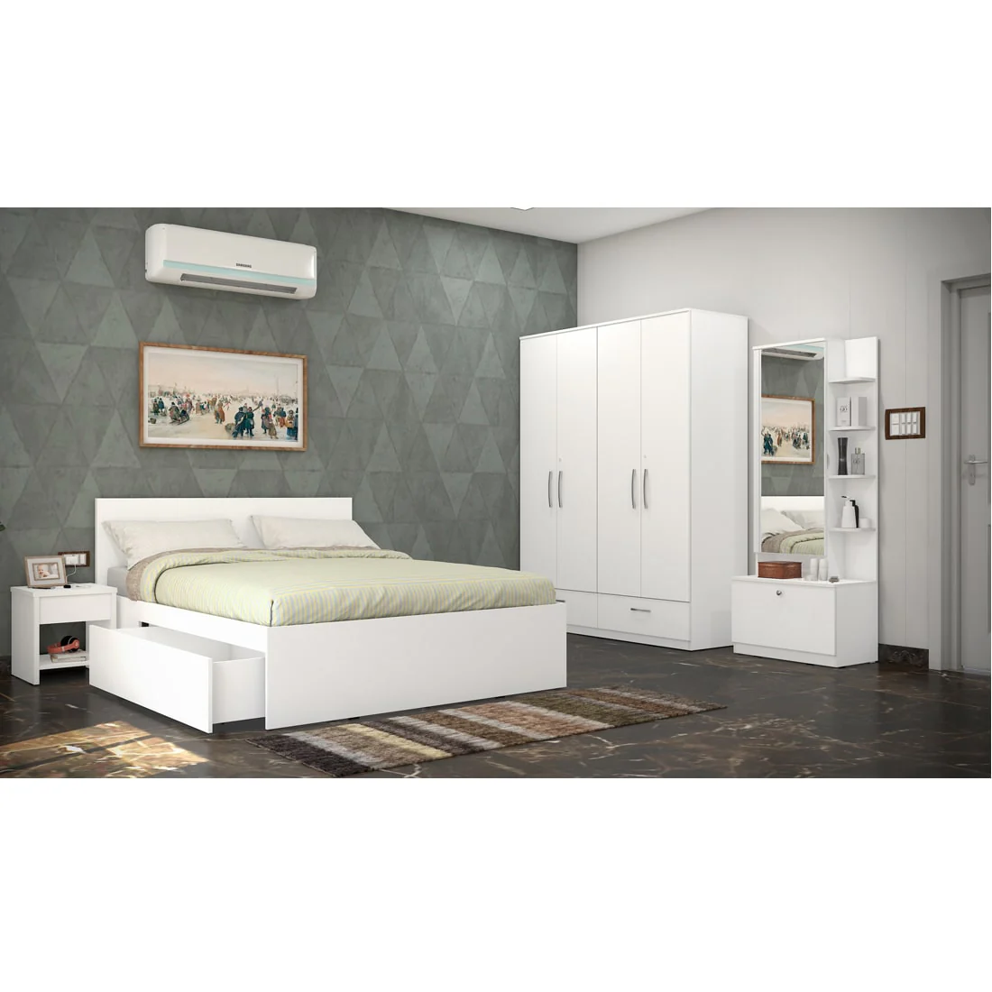 Modena 07: Set of 5 Bedroom Furniture - 4 door Wardrobe, Queen Bed Left, Dresser and Side Tables - Image 4