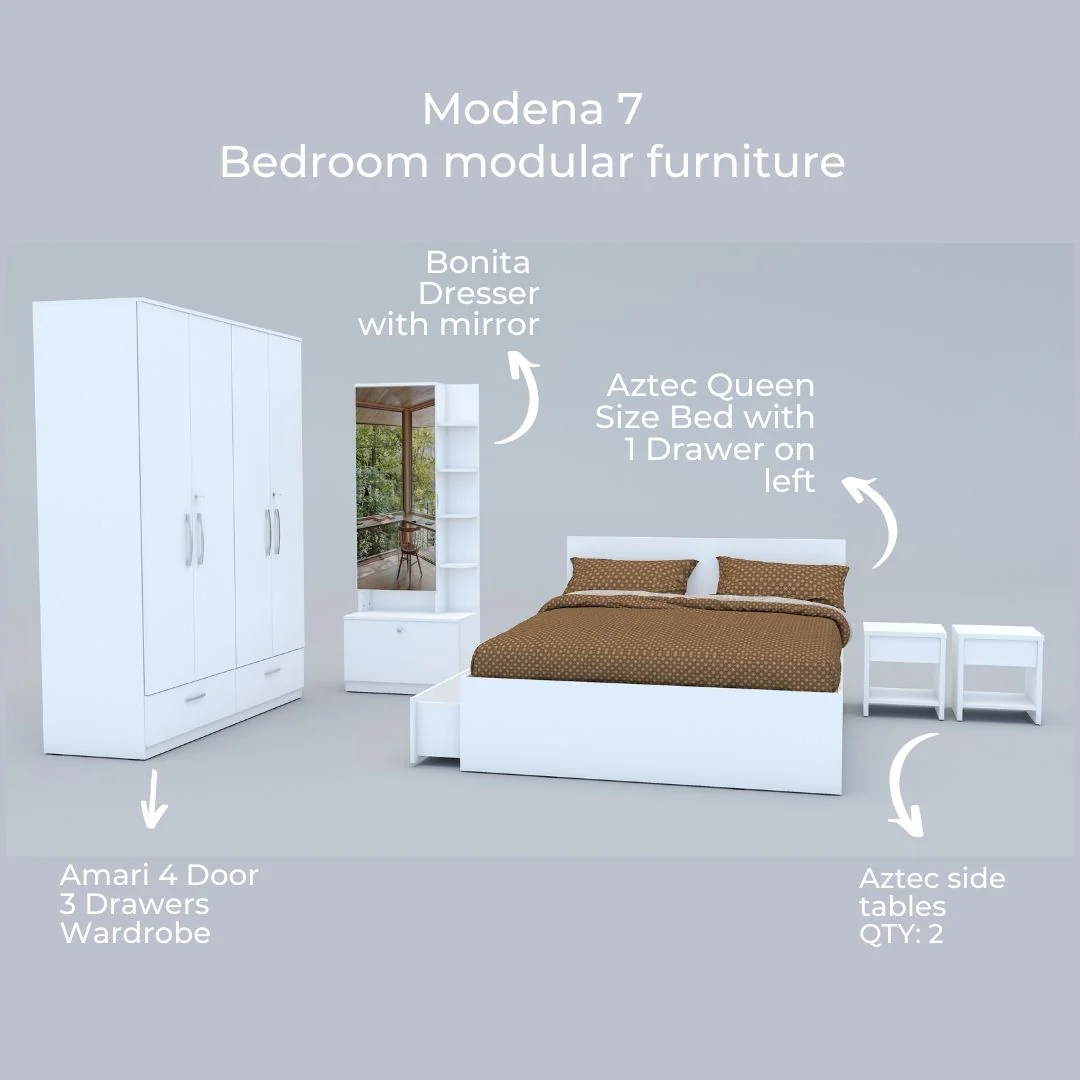 Modena 07: Set of 5 Bedroom Furniture - 4 door Wardrobe, Queen Bed Left, Dresser and Side Tables - Image 5