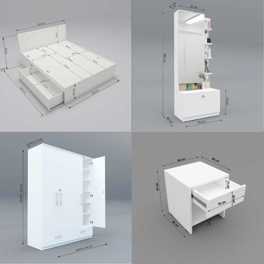 Modena 07: Set of 5 Bedroom Furniture - 4 door Wardrobe, Queen Bed Left, Dresser and Side Tables - Image 6