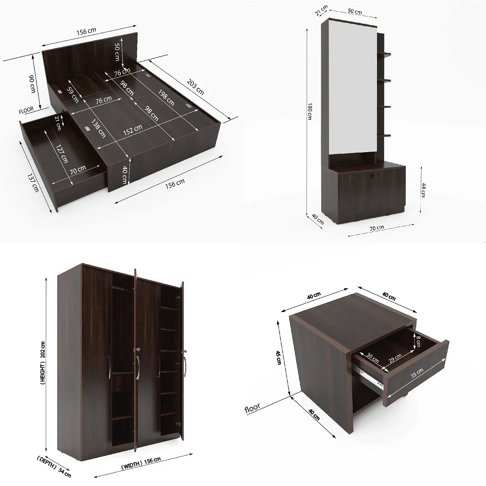 Modena 08: Set of 5 Bedroom Furniture - 4 door Wardrobe, Queen Bed  Left, Dresser and Side Tables - Image 3