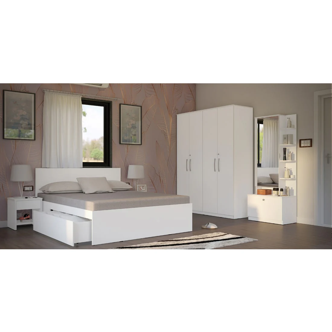 Modena 08: Set of 5 Bedroom Furniture - 4 door Wardrobe, Queen Bed  Left, Dresser and Side Tables - Image 4