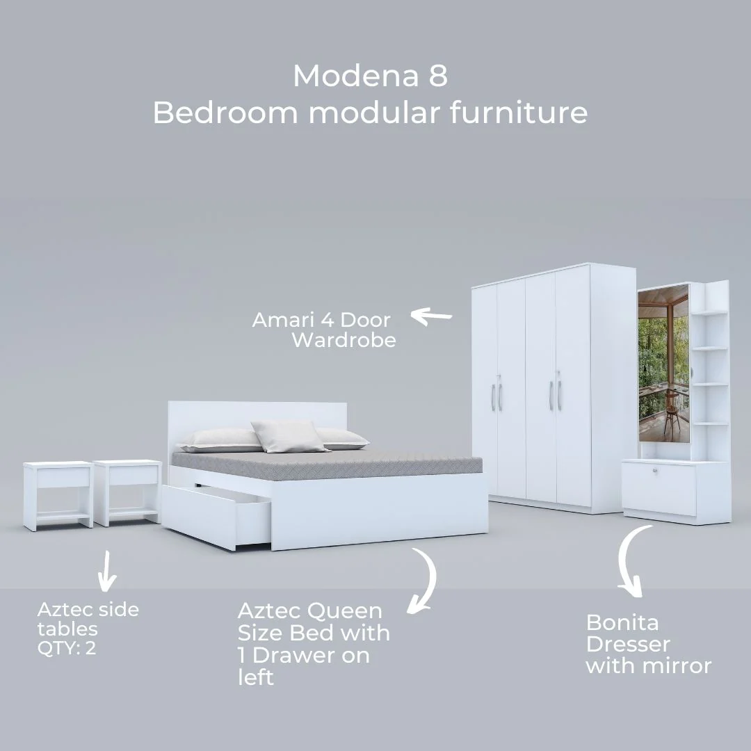 Modena 08: Set of 5 Bedroom Furniture - 4 door Wardrobe, Queen Bed  Left, Dresser and Side Tables - Image 5