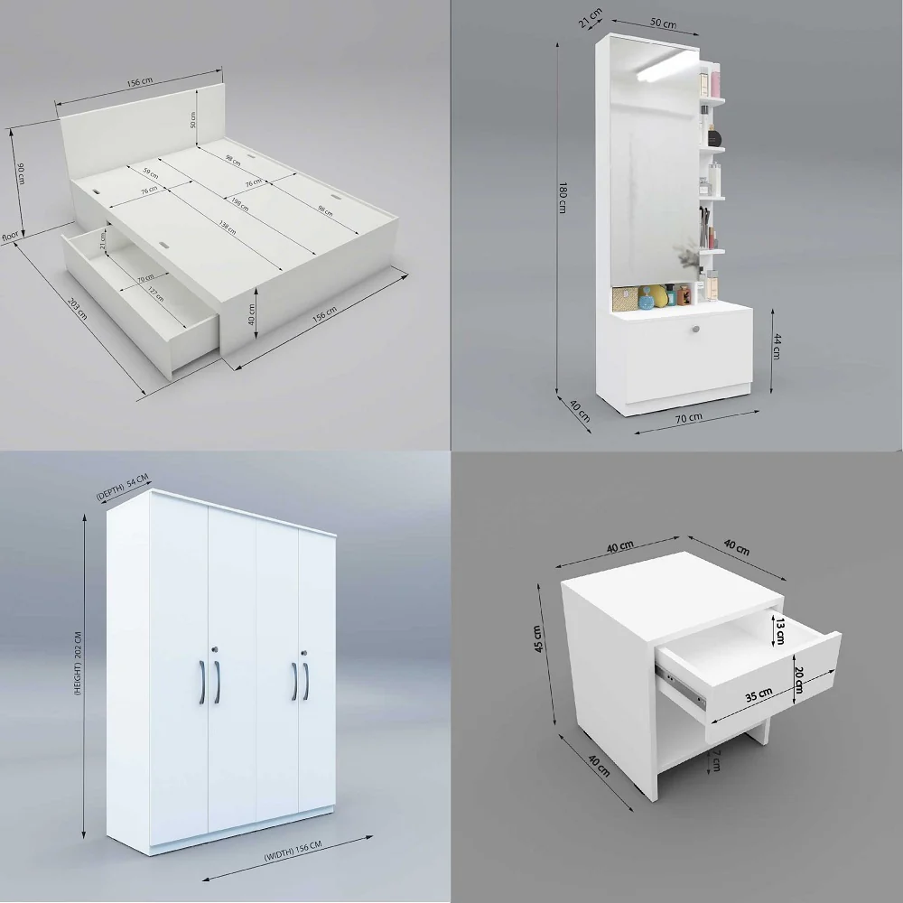 Modena 08: Set of 5 Bedroom Furniture - 4 door Wardrobe, Queen Bed  Left, Dresser and Side Tables - Image 6