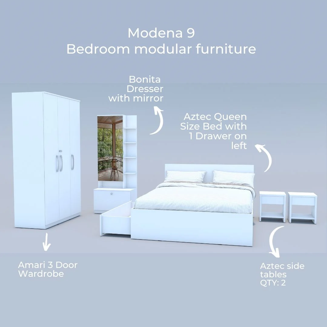 Modena 09: Set of 5 Bedroom Furniture - 3 door Wardrobe, Queen Bed Left, Dresser and Side Tables - Image 3