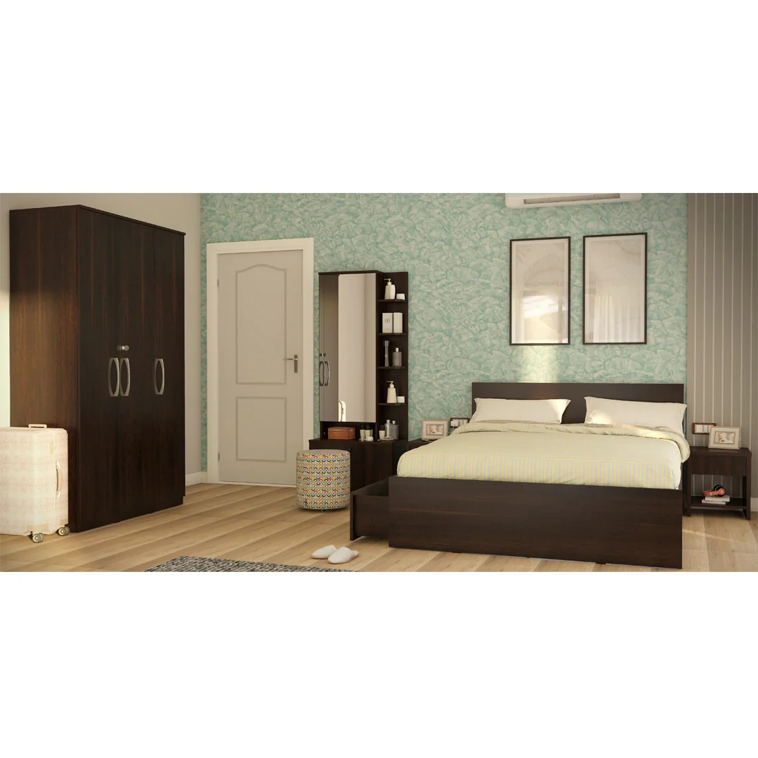 Modena 09: Set of 5 Bedroom Furniture - 3 door Wardrobe, Queen Bed Left, Dresser and Side Tables - Image 4