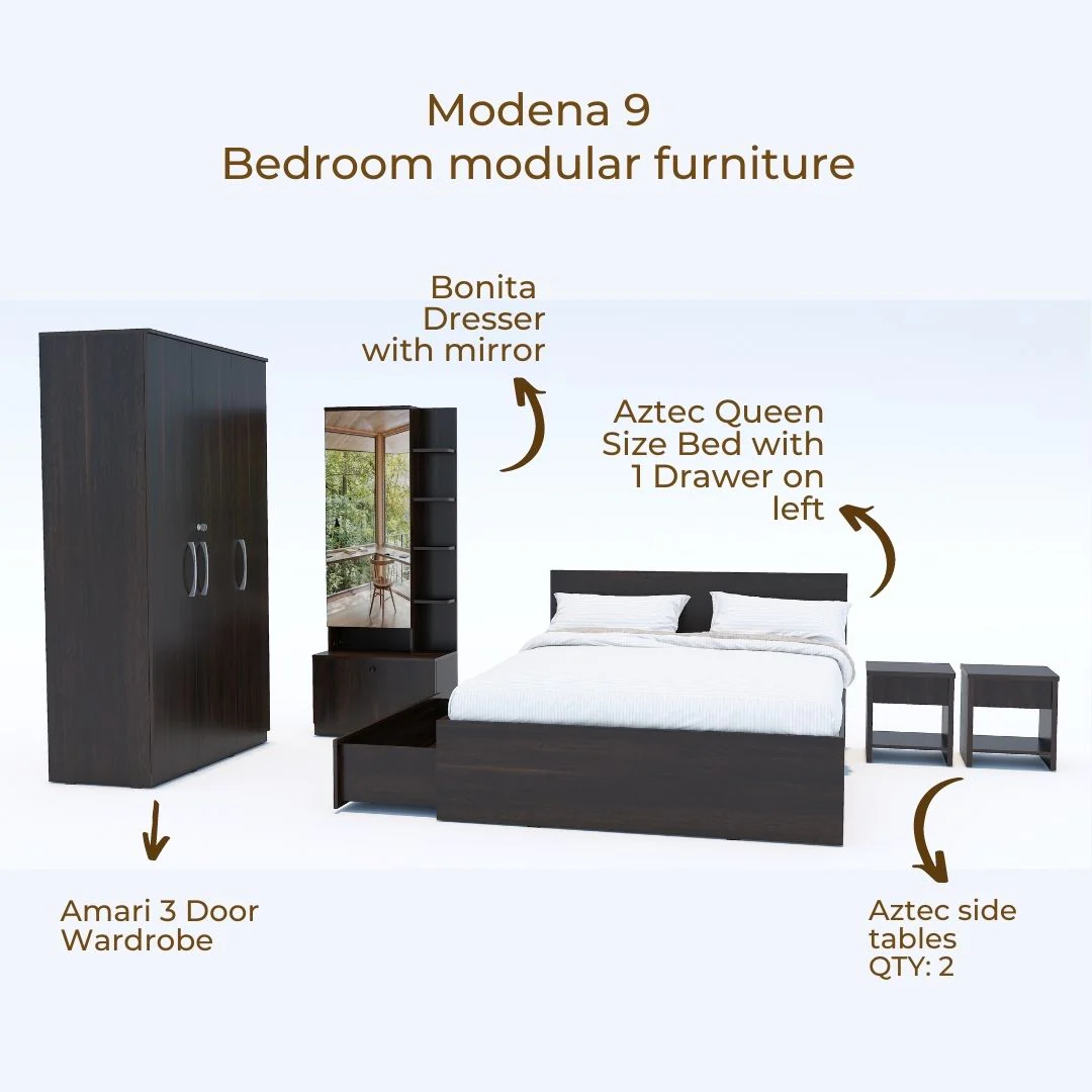 Modena 09: Set of 5 Bedroom Furniture - 3 door Wardrobe, Queen Bed Left, Dresser and Side Tables - Image 5