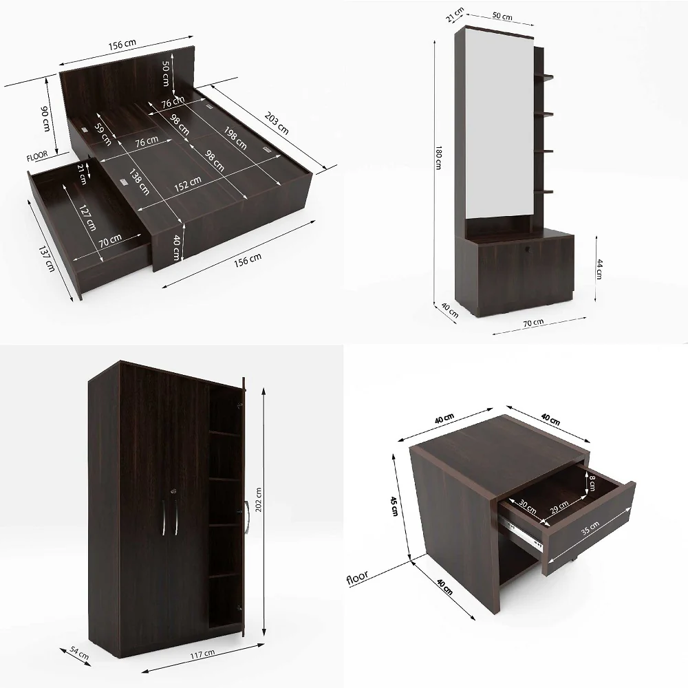 Modena 09: Set of 5 Bedroom Furniture - 3 door Wardrobe, Queen Bed Left, Dresser and Side Tables - Image 6