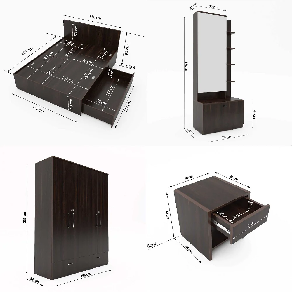 Modena 10: Set of 5 Bedroom Furniture - 4 door Wardrobe, Queen Bed Right, Dresser and Side Tables - Image 3
