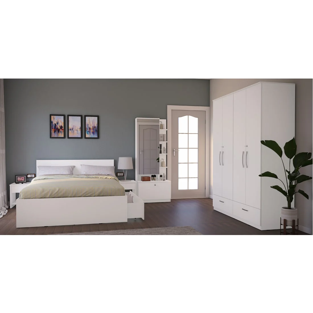 Modena 10: Set of 5 Bedroom Furniture - 4 door Wardrobe, Queen Bed Right, Dresser and Side Tables - Image 4