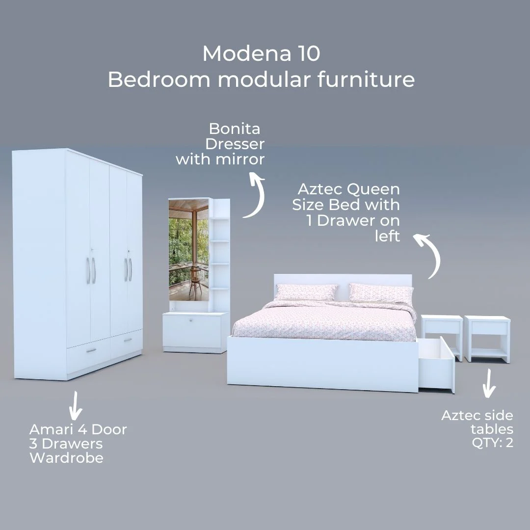 Modena 10: Set of 5 Bedroom Furniture - 4 door Wardrobe, Queen Bed Right, Dresser and Side Tables - Image 5