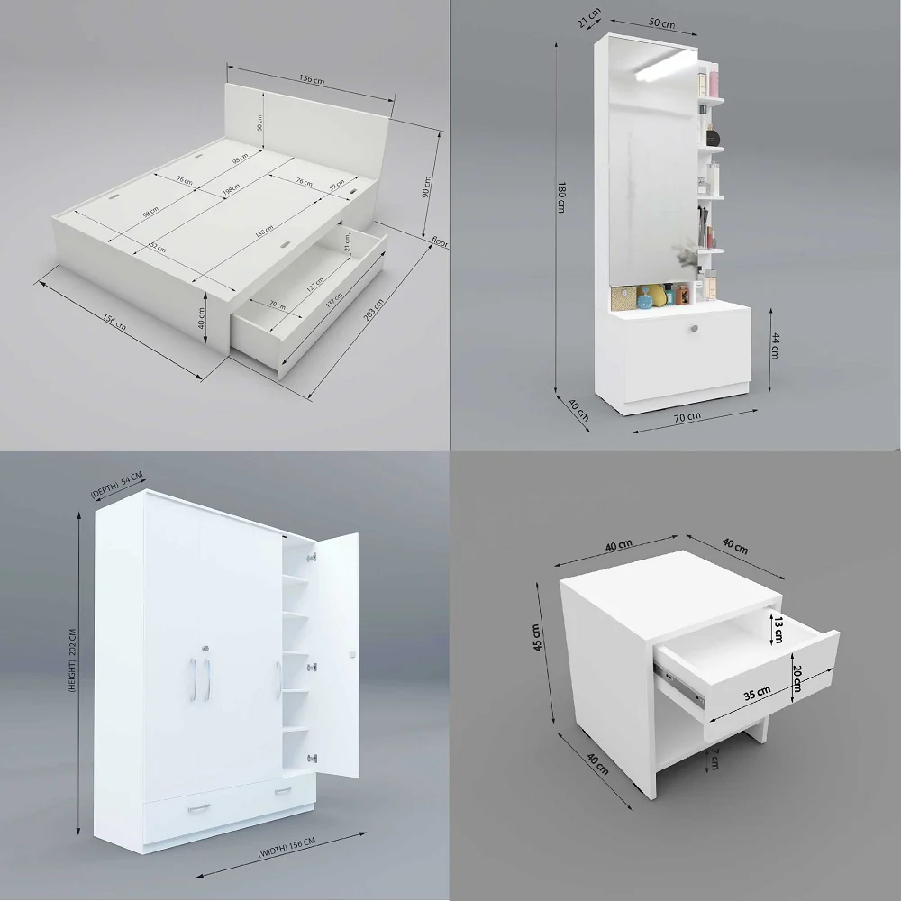 Modena 10: Set of 5 Bedroom Furniture - 4 door Wardrobe, Queen Bed Right, Dresser and Side Tables - Image 6