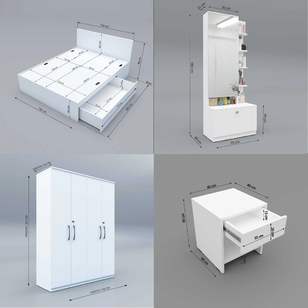 Modena 11: Set of 5 Bedroom Furniture - 4 door Wardrobe, Queen Bed Right, Dresser and Side Tables - Image 3