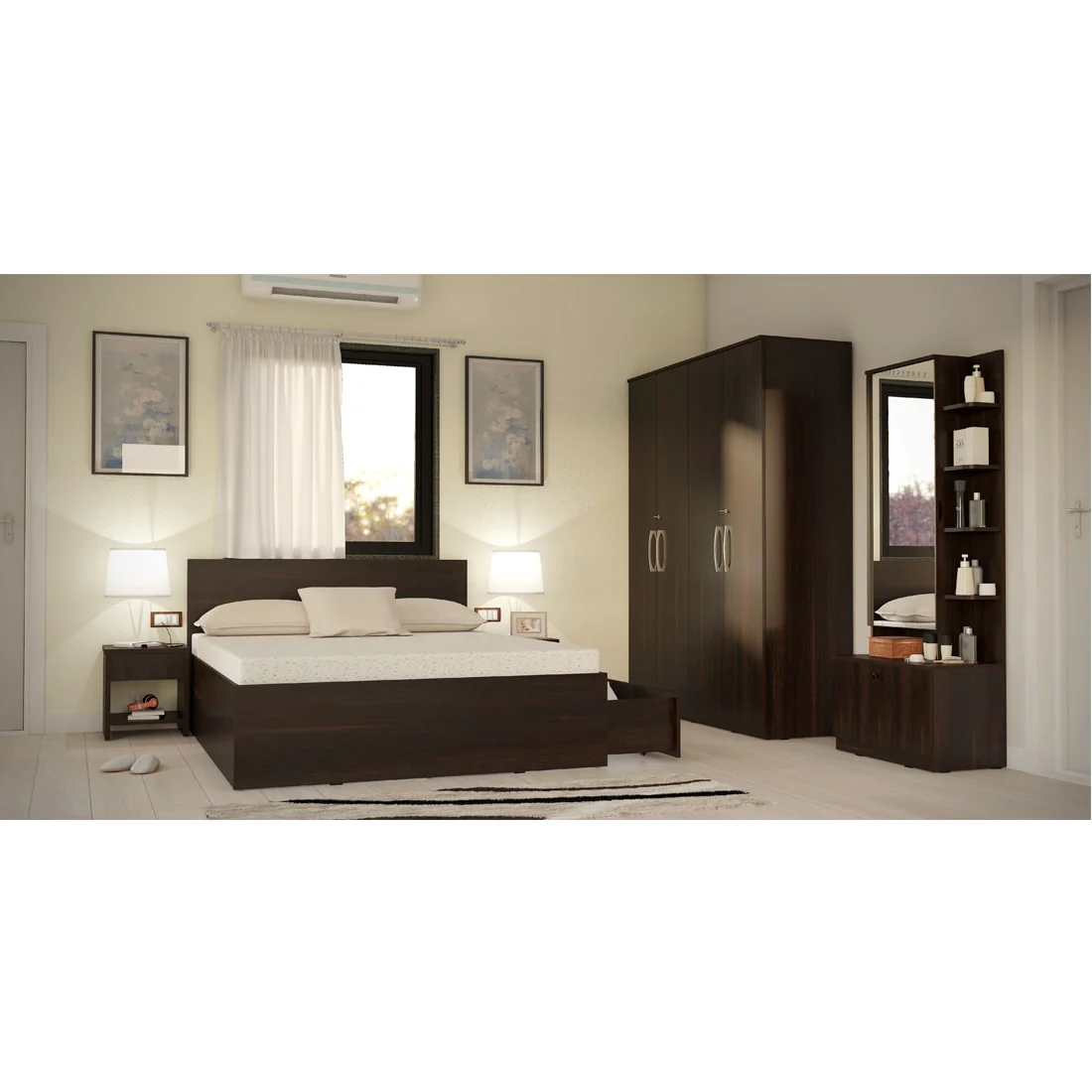 Modena 11: Set of 5 Bedroom Furniture - 4 door Wardrobe, Queen Bed Right, Dresser and Side Tables - Image 4