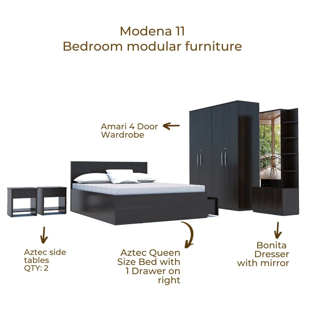 Modena 11: Set of 5 Bedroom Furniture - 4 door Wardrobe, Queen Bed Right, Dresser and Side Tables - Image 6