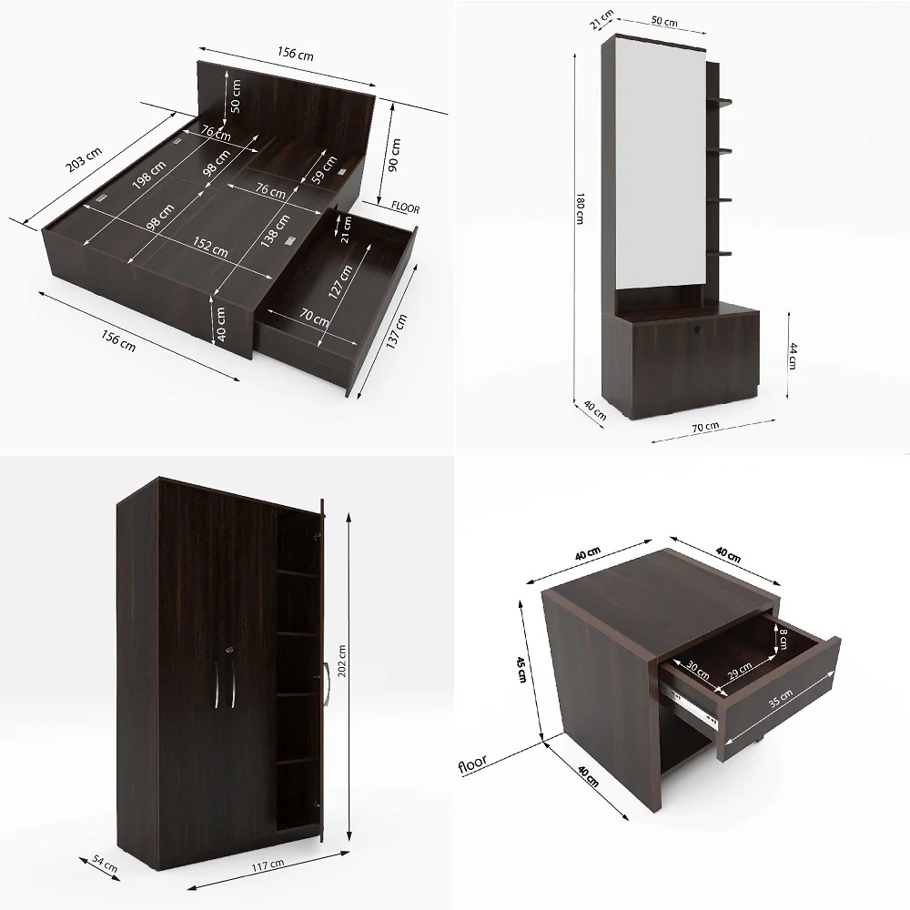 Modena 12: Set of 5 Bedroom Furniture - 3 door Wardrobe, Queen Bed Right, Dresser and Side Tables - Image 3