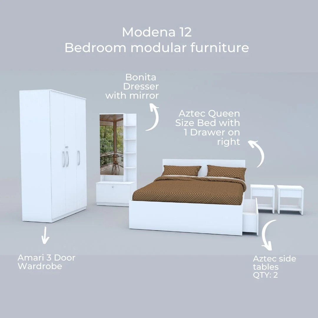 Modena 12: Set of 5 Bedroom Furniture - 3 door Wardrobe, Queen Bed Right, Dresser and Side Tables - Image 5