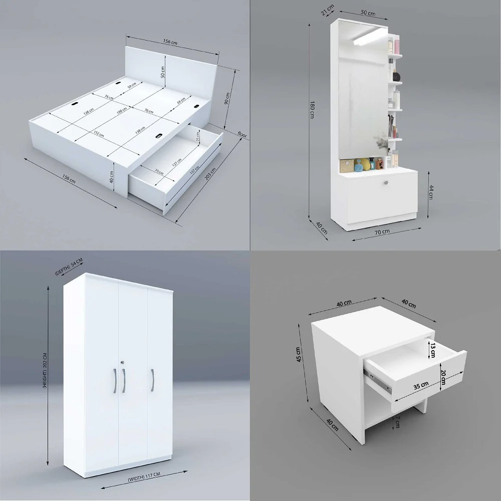 Modena 12: Set of 5 Bedroom Furniture - 3 door Wardrobe, Queen Bed Right, Dresser and Side Tables - Image 6