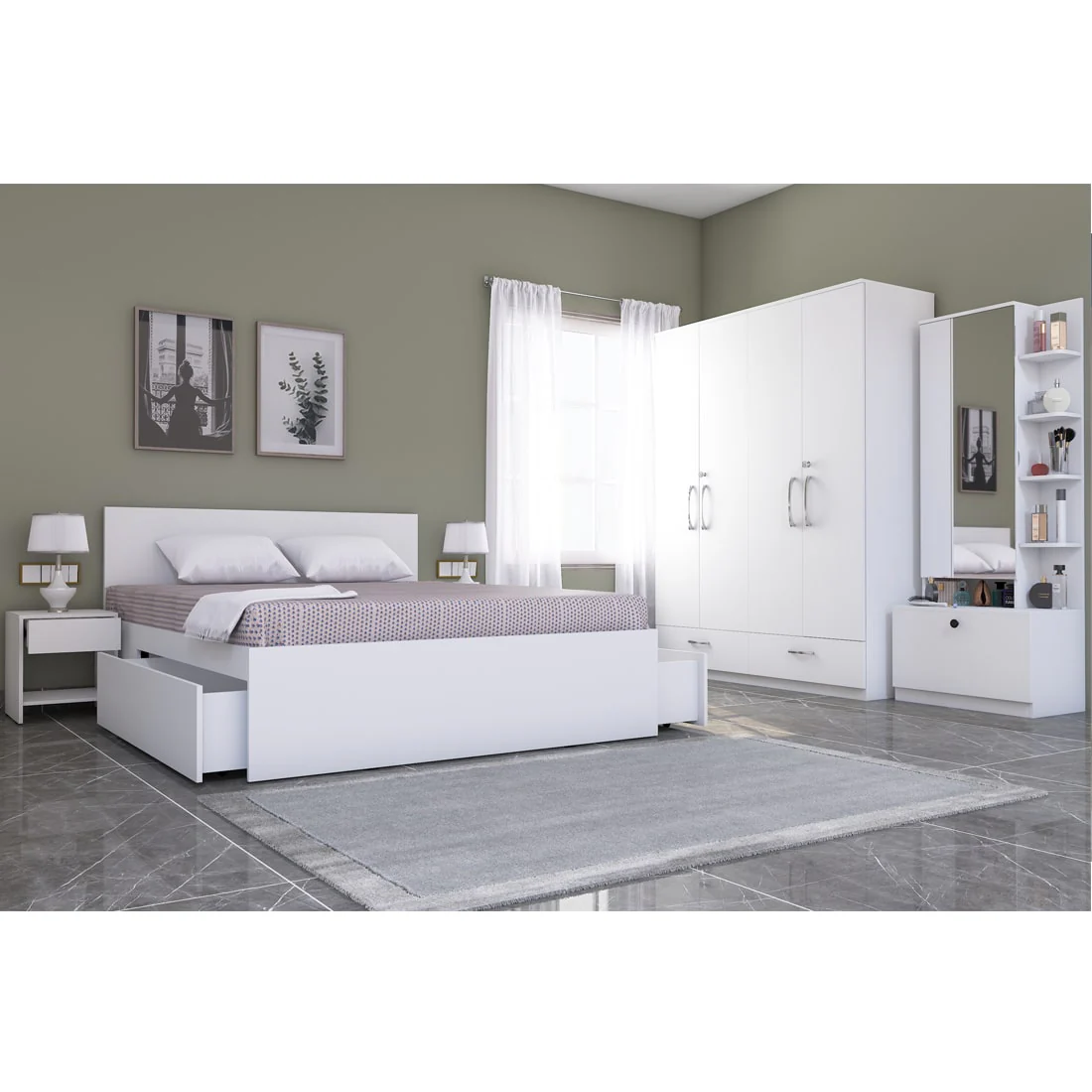 Optima 04: Set of 5 Bedroom Furniture - 4 door Wardrobe, Queen Bed, Dresser and Side Tables