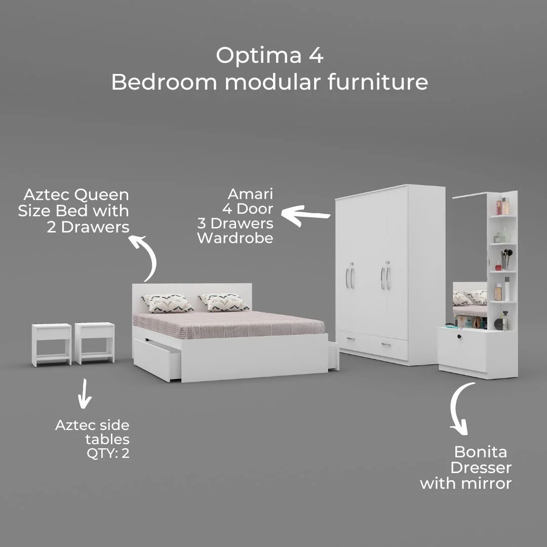 Optima 04: Set of 5 Bedroom Furniture - 4 door Wardrobe, Queen Bed, Dresser and Side Tables - Image 2