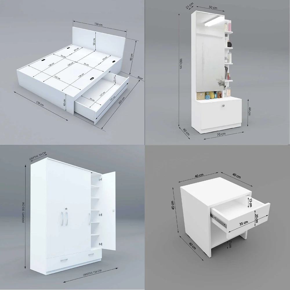 Optima 04: Set of 5 Bedroom Furniture - 4 door Wardrobe, Queen Bed, Dresser and Side Tables - Image 3