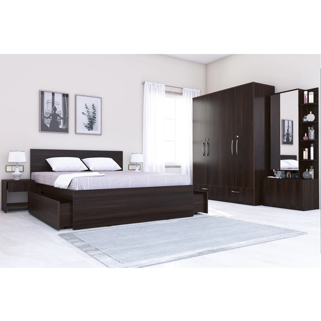 Optima 04: Set of 5 Bedroom Furniture - 4 door Wardrobe, Queen Bed, Dresser and Side Tables - Image 4