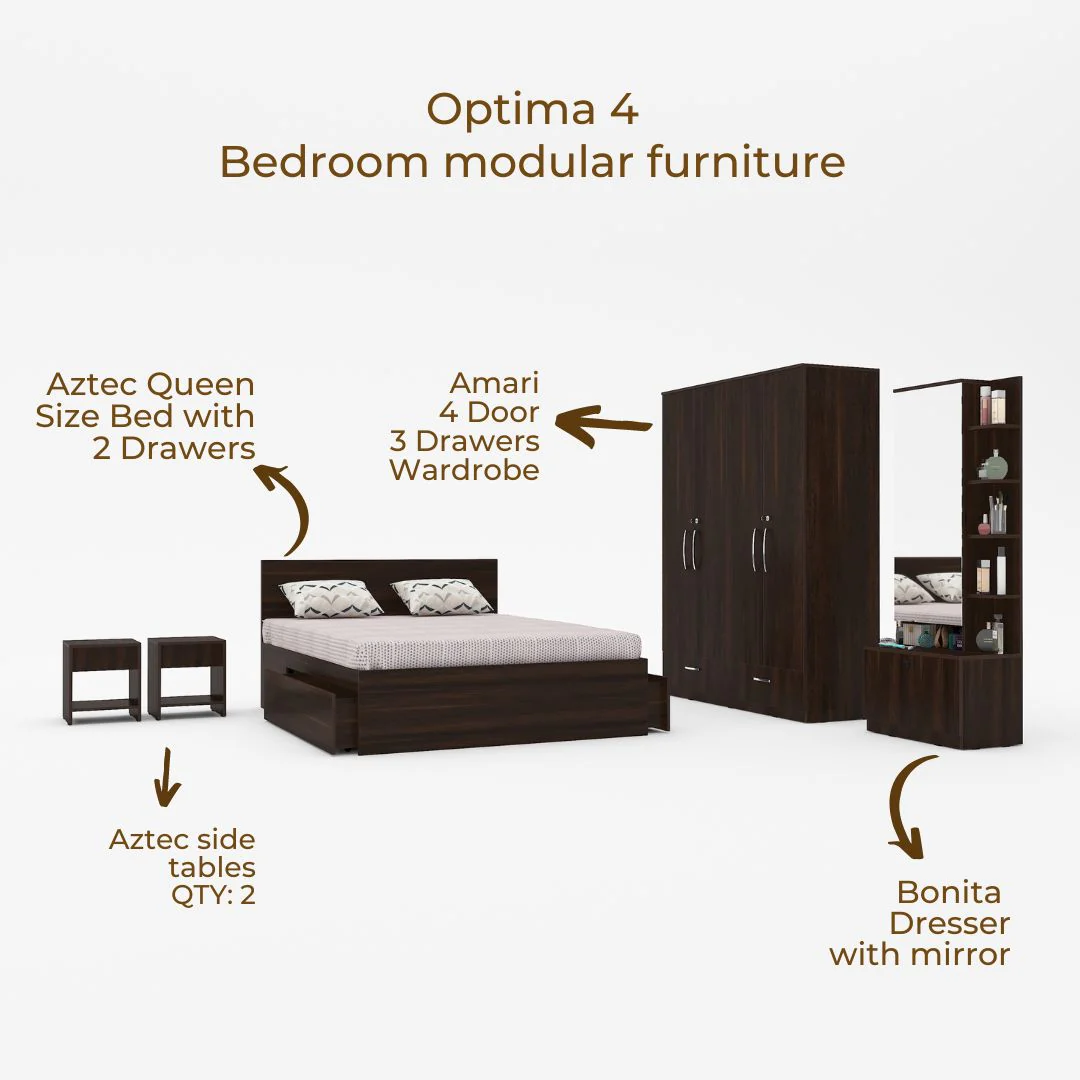 Optima 04: Set of 5 Bedroom Furniture - 4 door Wardrobe, Queen Bed, Dresser and Side Tables - Image 5