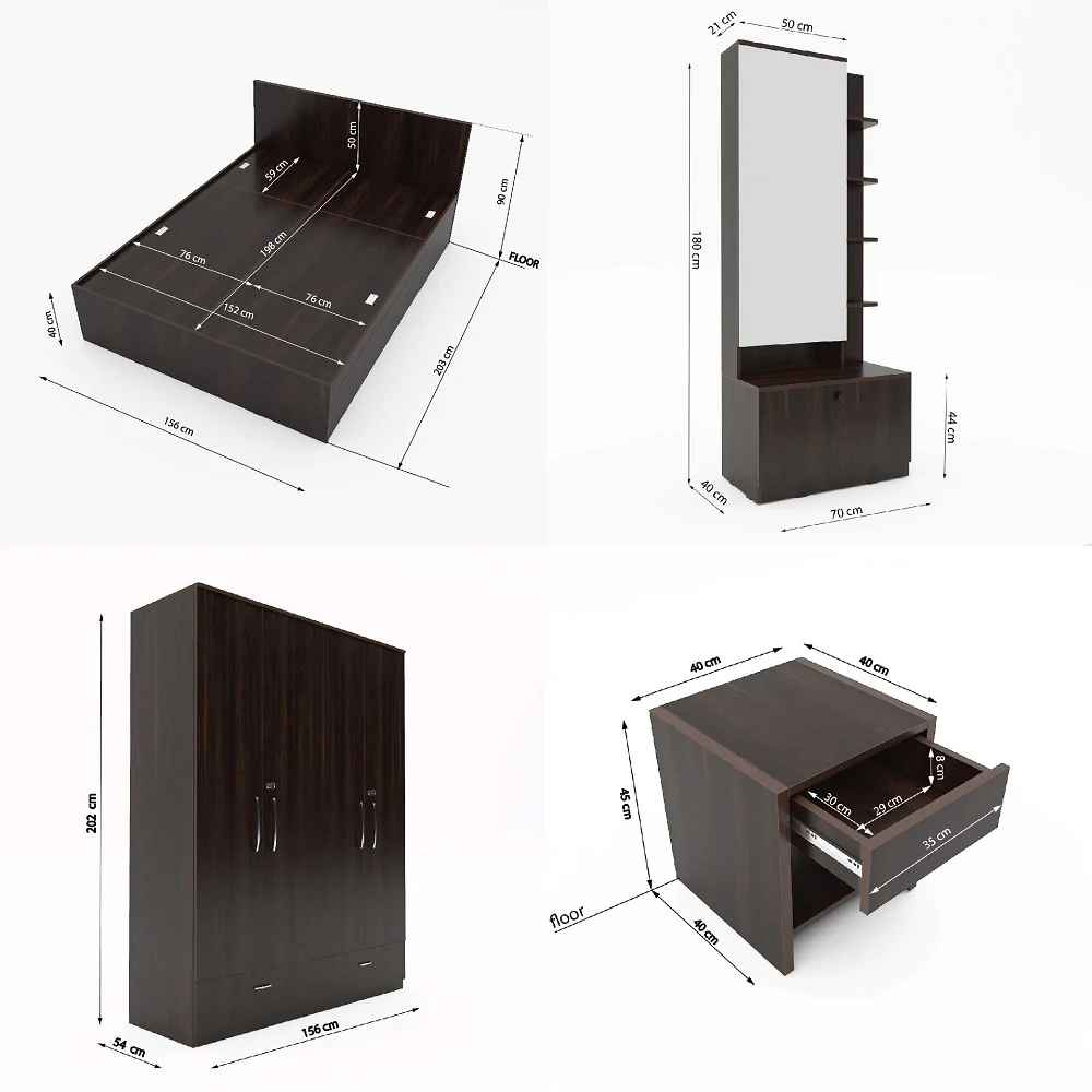 Optima 04: Set of 5 Bedroom Furniture - 4 door Wardrobe, Queen Bed, Dresser and Side Tables - Image 6