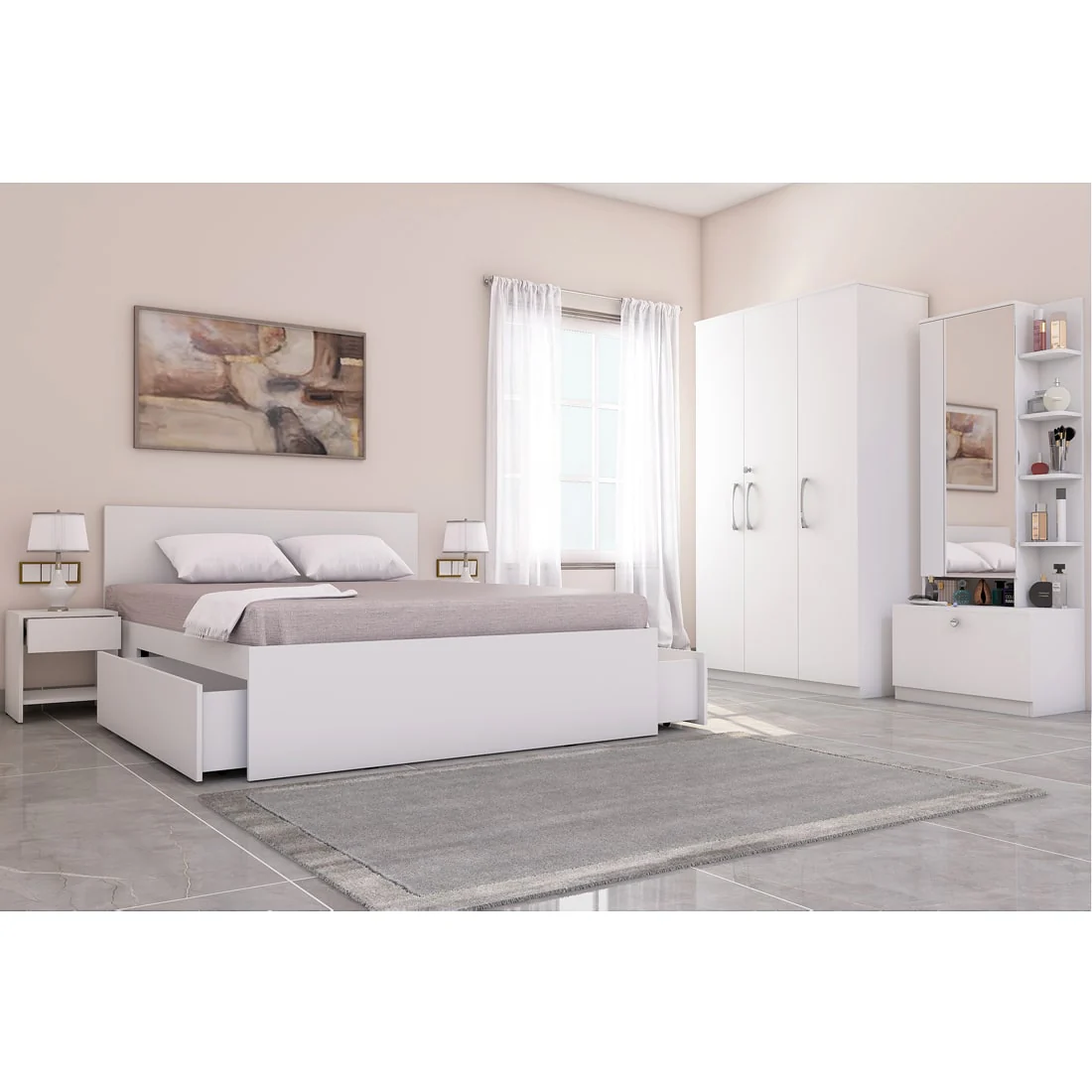 Optima 06: Set of 5 Bedroom Furniture - 3 door Wardrobe, Queen Bed, Dresser and Side Tables - Image 4