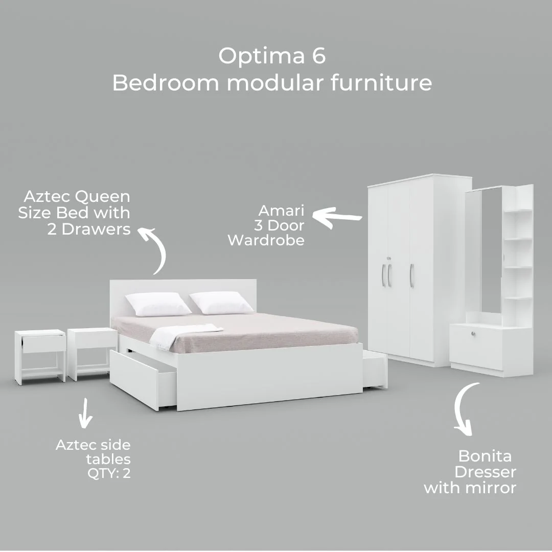 Optima 06: Set of 5 Bedroom Furniture - 3 door Wardrobe, Queen Bed, Dresser and Side Tables - Image 5