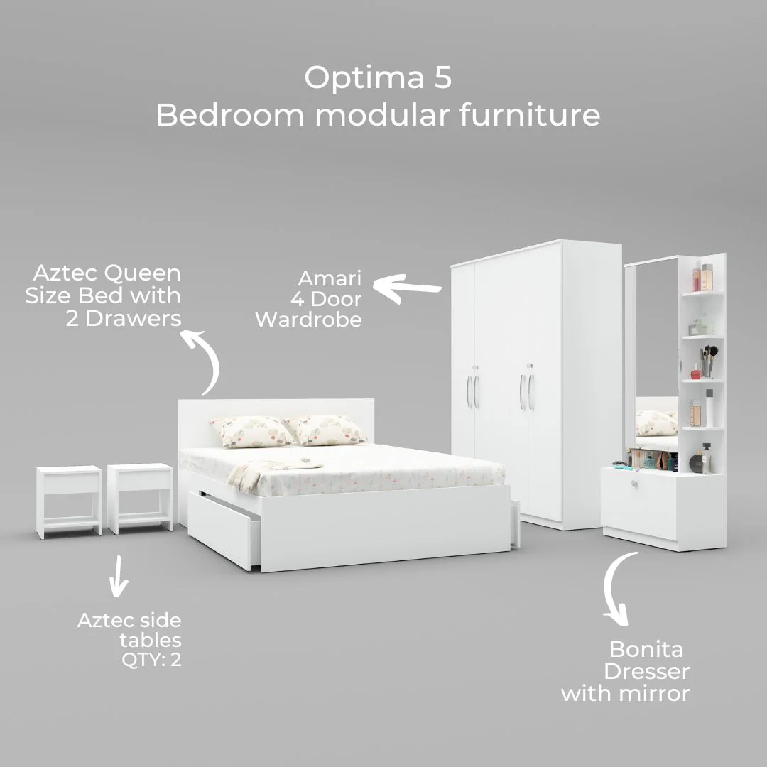 Optima 05: Set of 5 Bedroom Furniture - 4 door Wardrobe, Queen Bed, Dresser and Side Tables - Image 2