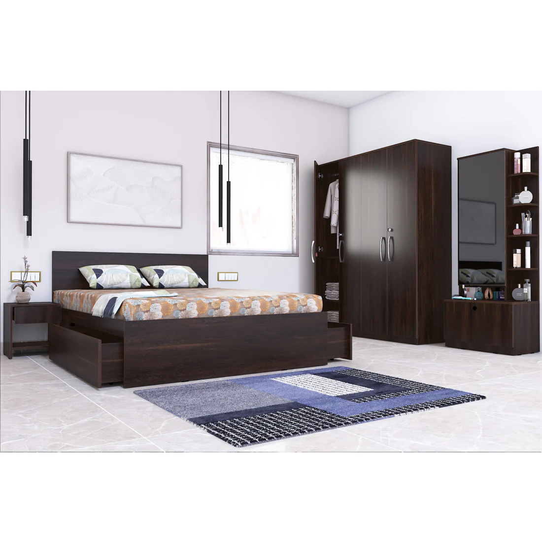 Optima 05: Set of 5 Bedroom Furniture - 4 door Wardrobe, Queen Bed, Dresser and Side Tables - Image 4