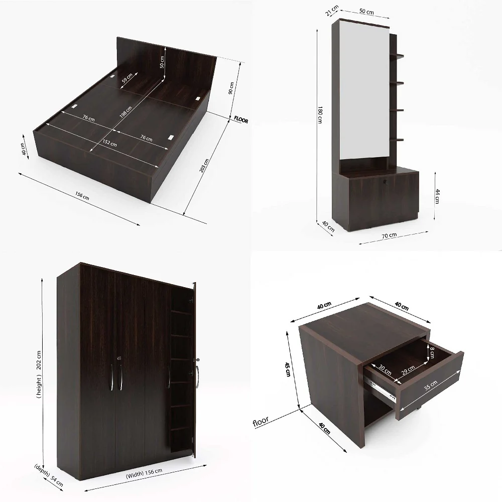 Optima 05: Set of 5 Bedroom Furniture - 4 door Wardrobe, Queen Bed, Dresser and Side Tables - Image 5