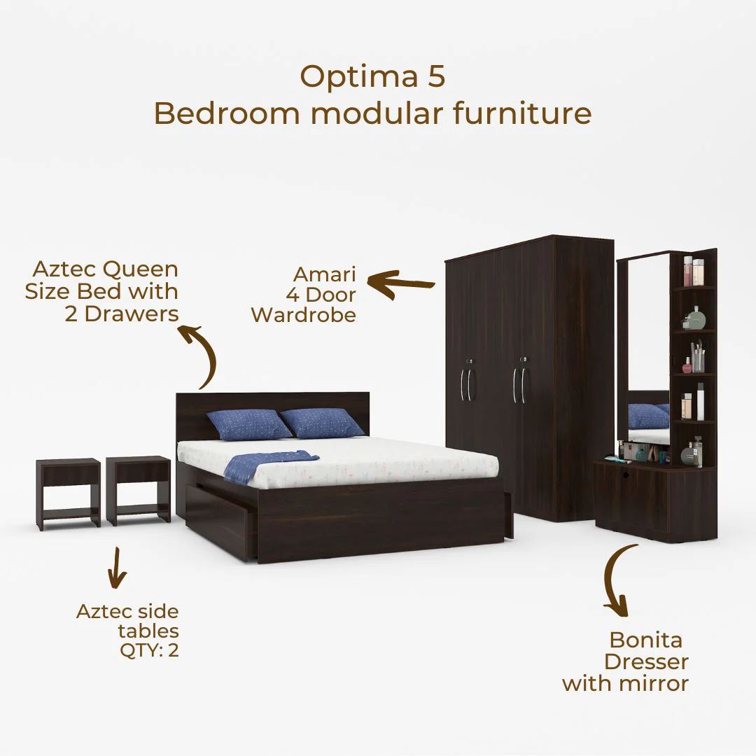 Optima 05: Set of 5 Bedroom Furniture - 4 door Wardrobe, Queen Bed, Dresser and Side Tables - Image 6