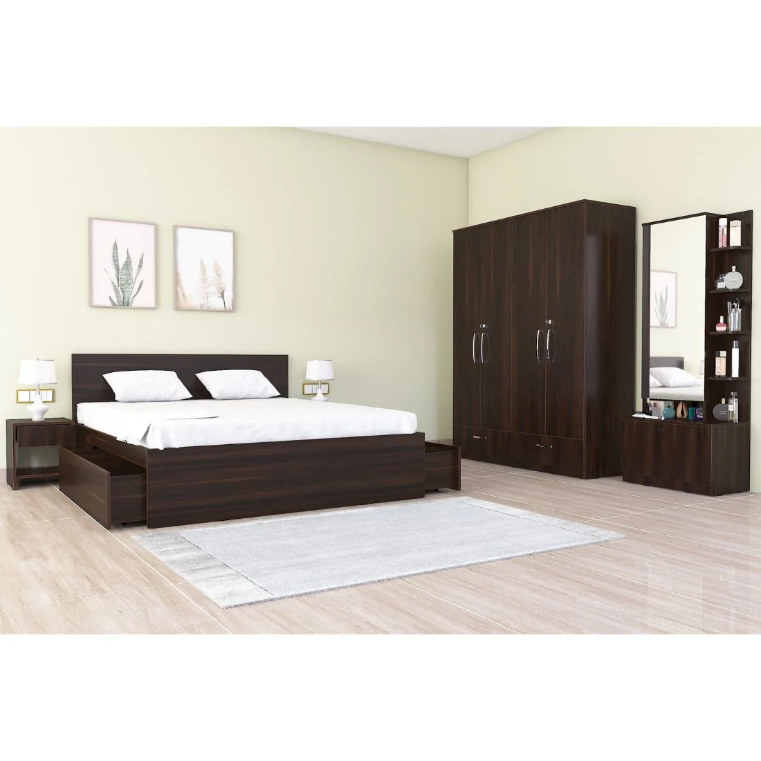 Royale 1 set of 5 modular furniture - King Bed, 4 Door Wardrobe, Dresser with Mirror and 2 side tables