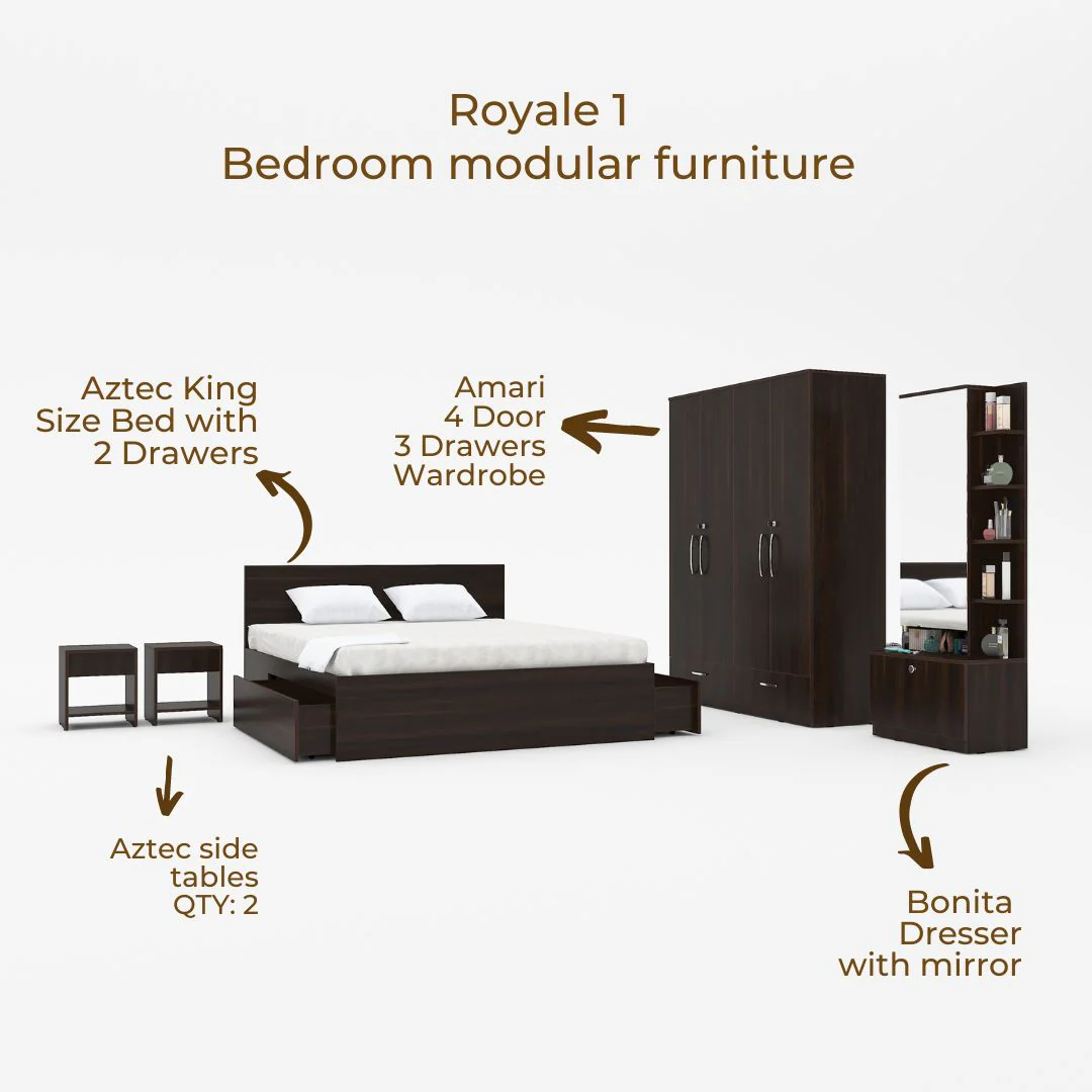 Royale 1 set of 5 modular furniture - King Bed, 4 Door Wardrobe, Dresser with Mirror and 2 side tables - Image 2