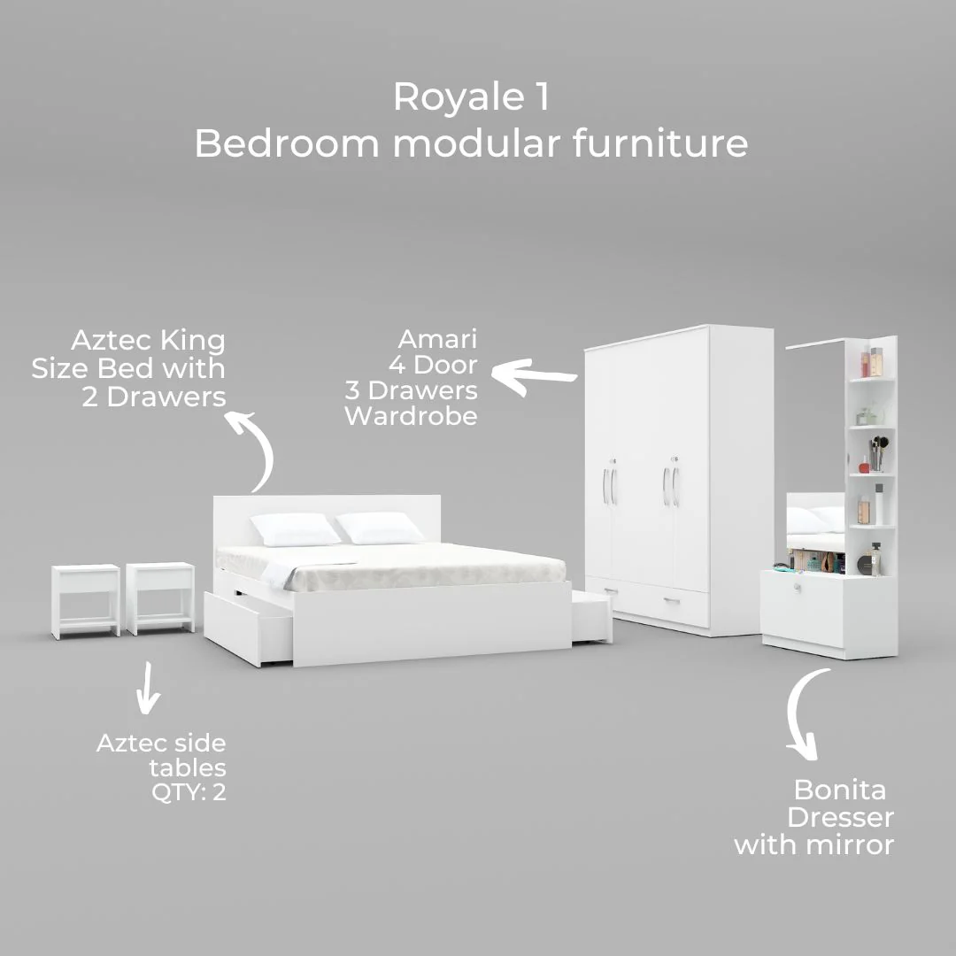 Royale 1 set of 5 modular furniture - King Bed, 4 Door Wardrobe, Dresser with Mirror and 2 side tables - Image 5