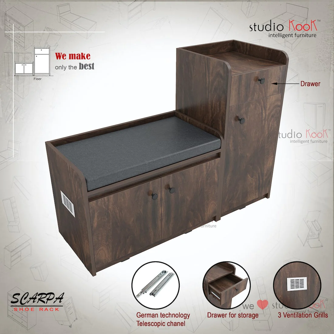 Scarpa Shoerack - 12 pairs capacity Shoe Cabinet with Cushion Seating - Image 3