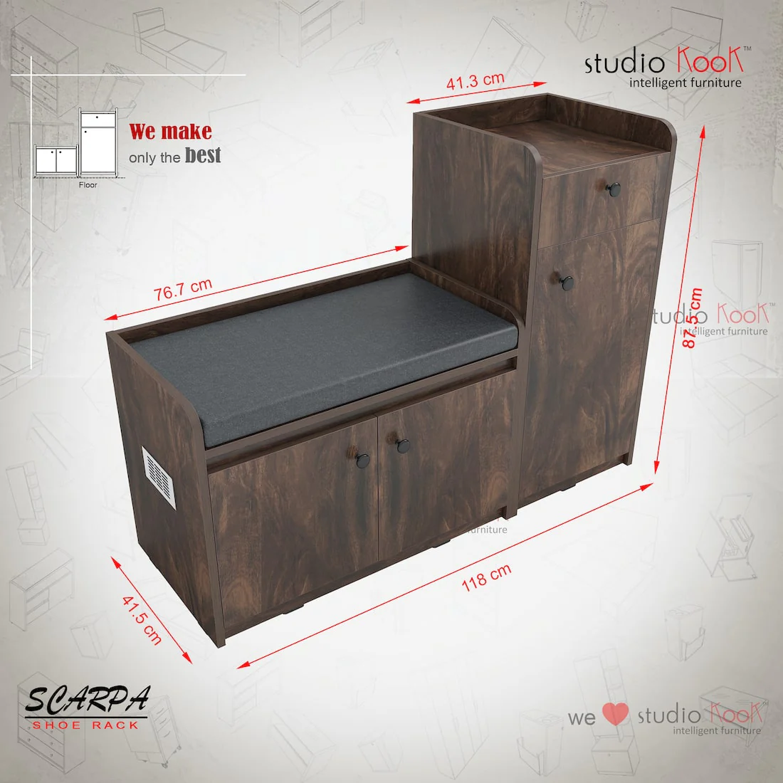 Scarpa Shoerack - 12 pairs capacity Shoe Cabinet with Cushion Seating - Image 4