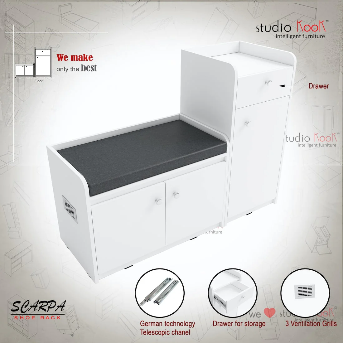Scarpa Shoerack - 12 pairs capacity Shoe Cabinet with Cushion Seating - Image 9