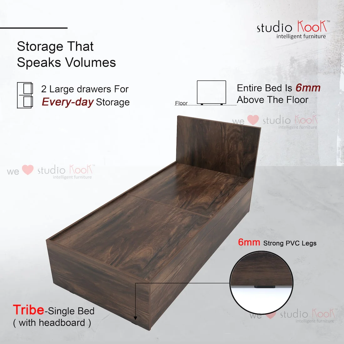 Tribe Right Single Bed with Headboard and 2 Drawers on Right - Image 10