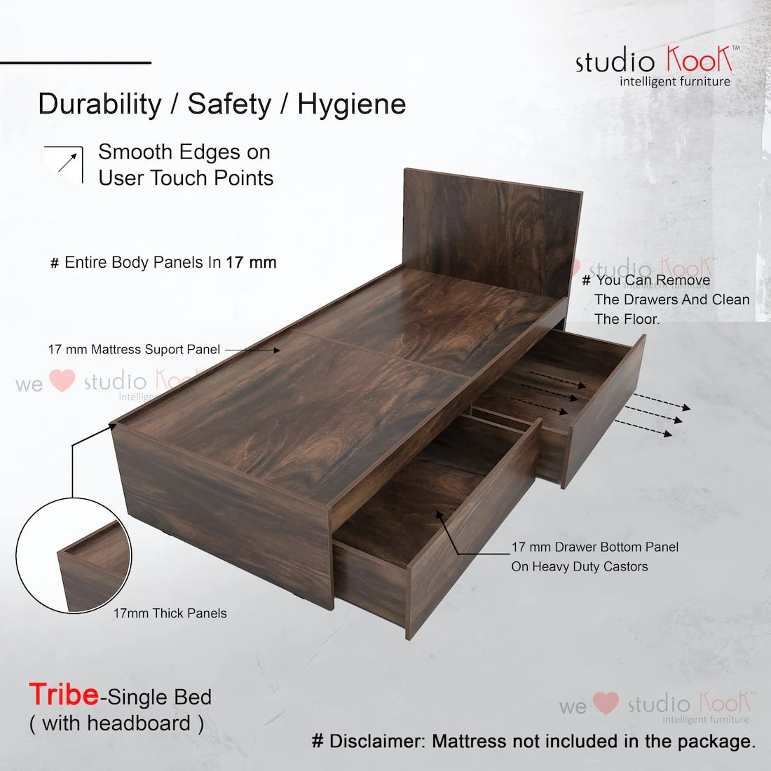 Tribe Right Single Bed with Headboard and 2 Drawers on Right - Image 12
