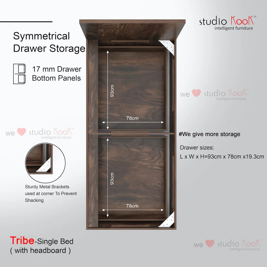 Tribe Left Single Bed with Headboard and 2 Drawers on Left - Image 3
